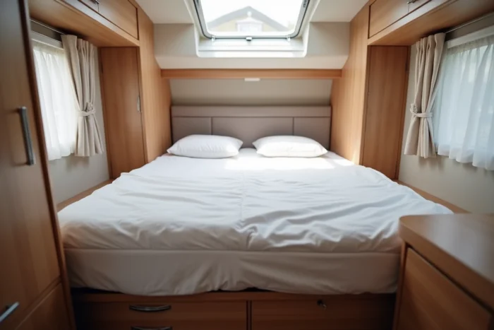 Lit queen transversal de la caravane Weinsberg CaraOne 390 QD avec literie blanche et rangements sous le couchage dans un espace compact